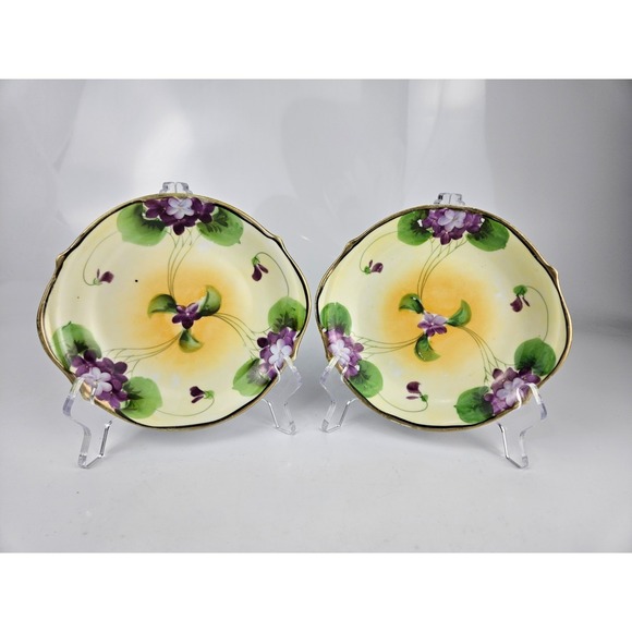 Nippon Other - Antique‎ Nippon E-OH Hand Painted Violet Dishes Pair Yellow Gold Rim 1891-1921